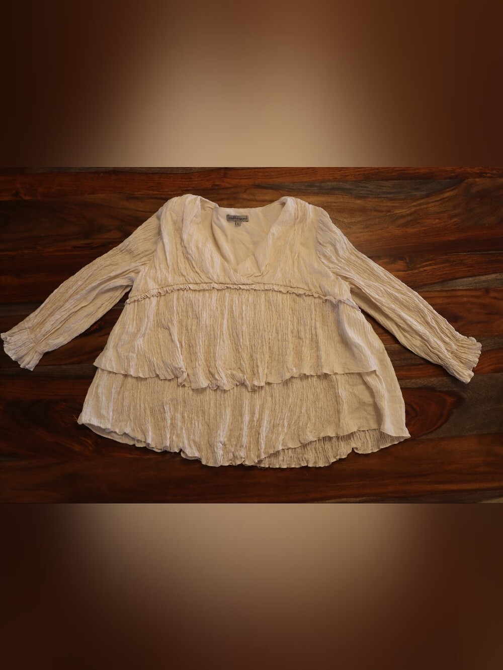 Wishlist Crinkled Tiered V‑Neck Blouse in Soft Cream